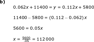 \small \small \begin{array}{lllll} \textbf{b)}\\&& 0.062x+11400 =y= 0.112x+5800\\\\&& 11400-5800=\left (0.112-0.062 \right )x\\\\&& 5600=0.05x\\\\&&x=\frac{5600}{.05}=112\,000 \end{array}