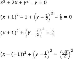 \small \small \begin{array}{lllll}&& x^2+2x+y^2-y=0\\\\&& \left ( x+1 \right )^2-1+\left (y-\frac{1}{2} \right )^2-\frac{1}{4}=0\\\\&& \left ( x+1 \right )^2+\left (y-\frac{1}{2} \right )^2=\frac{5}{4}\\\\\\&& \left ( x-\left ( -1 \right ) \right )^2+\left (y-\frac{1}{2} \right )^2=\left (\frac{\sqrt{5}}{2} \right )^2 \end{array}