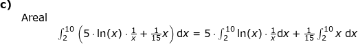 \small \small \begin{array}{lllllll} \textbf{c)}\\&\textup{Areal}\\&& \int_{2}^{10}\left ( 5\cdot \ln(x)\cdot \frac{1}{x}+\frac{1}{15}x \right )\mathrm{d}x=5\cdot \int_{2}^{10}\ln(x)\cdot \frac{1}{x}\mathrm{d}x+\frac{1}{15}\int_{2}^{10}x\;\mathrm{d}x \end{}