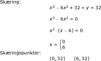 \small \small \begin{array}{lllllll} \textup{Sk\ae ring:}\\&& x^3-6x^2+32=y=32\\\\&& x^3-6x^2=0\\\\&& x^2\cdot \left ( x-6 \right )=0\\\\&& x=\left\{\begin{matrix} 0\\6 \end{matrix}\right. \\ \textup{Sk\ae ringspunkter:}\\&&(0,32)\qquad (6,32) \end{array}