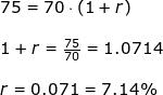 \small \small \begin{array}{lllllll} 75=70\cdot (1+r)\\\\ 1+r=\frac{75}{70}=1.0714\\\\ r=0.071=7.14\% \end{array}