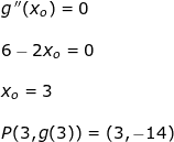\small \small \begin{array}{lllllll} g{\, }''(x_o)=0\\\\ 6-2x_o=0\\\\ x_o=3\\\\ P(3,g(3))=\left ( 3,-14 \right ) \end{array}