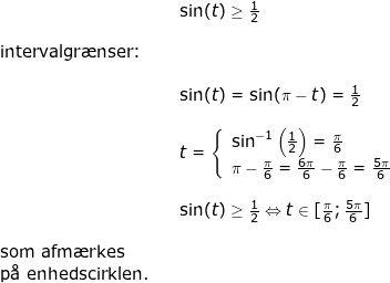 \small \small \small \begin{array}{llllll}&& \sin(t)\geq \frac{1}{2}\\\\\textup{intervalgr\ae nser:} \\\\&& \sin(t)=\sin(\pi-t)=\frac{1}{2} \\\\&&t=\left\{\begin{array}{lll} \sin^{-1}\left ( \frac{1}{2} \right )=\frac{\pi}{6}\\ \pi-\frac{\pi}{6}=\frac{6\pi}{6}-\frac{\pi}{6}=\frac{5\pi}{6} \end{array}\right.\\\\&& \sin(t)\geq \frac{1}{2}\Leftrightarrow t\in [\frac{\pi}{6};\frac{5\pi}{6}]\\\\\textup{som afm\ae rkes}\\ \textup{p\aa \ enhedscirklen.} \end{array}