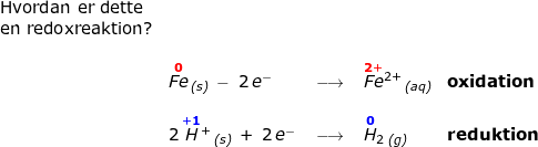\small \small \small \begin{array}{lllllll} \textup{Hvordan er dette }\\\textup{en redoxreaktion?}\\\\& \overset{\mathbf{{\color{Red} 0}}}{Fe}\,_{\textit{(s)}}\:-\;2\,e^-\;&\longrightarrow \;&\overset{\mathbf{{\color{Red} 2+}}}{Fe}{^{2+}}\,_{\textit{(aq)}}&\textbf{oxidation}\\\\& 2\,\overset{\mathbf{{\color{Blue} +1}}}{H}{^+}\,_{\textit{(s)}}\:+\;2\,e^-\;&\longrightarrow \;&\overset{\mathbf{{\color{Blue} 0}}}{H}_2\,_{\textit{(g)}}&\textbf{reduktion} \end{}