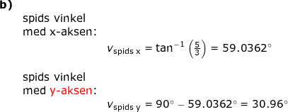 \small \small \small \small \begin{array}{lllll} \textbf{b)}\\&\textup{spids vinkel}\\& \textup{med x-aksen:}\\&& v_{\textup{spids x}}=\tan^{-1}\left ( \frac{5}{3} \right )=59.0362\degree\\\\& \textup{spids vinkel}\\& \textup{med {\color{Red} y-aksen}:}\\&& v_{\textup{spids y}}=90\degree-59.0362\degree=30.96\degree \end{array}