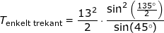 \small T_\textup{enkelt trekant}=\frac{13^2}{2}\cdot \frac{\sin^2\left ( \frac{135\degree}{2} \right )}{\sin(45\degree)}
