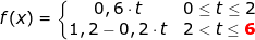 \small f(x)=\left\{\begin{matrix} 0,6\cdot t & 0 \leq t\leq 2\\ 1,2-0,2\cdot t & 2< t\leq \textbf{{\color{Red} 6}} \end{matrix}\right.