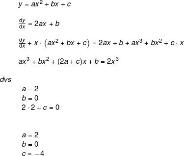 \small \begin{array}{lllll}&& y=ax^2+bx+c\\\\&& \frac{\mathrm{d} y}{\mathrm{d} x}=2ax+b\\\\&& \frac{\mathrm{d} y}{\mathrm{d} x}+x\cdot \left ( ax^2+bx+c \right )= 2ax+b+ ax^3+bx^2+c\cdot x \\\\&& ax^3+bx^2+(2a+c)x+b=2x^3\\\\& dvs\\&& \begin{array}{lll} a=2\\b=0 \\2\cdot 2+c=0 \end{array} \\\\\\&& \begin{array}{lll} a=2\\b=0 \\ c=-4 \end{array} \end{array}