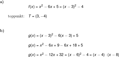 \small \small \small \begin{array}{llllll} \textbf{a)}\\&& f(x)=x^2-6x+5=(x-3)^2-4&\\\\ &\textup{toppunkt:}&T=(3,-4)\\\\\\ \textbf{b)}\\&& g(x)=(x-3)^2-6(x-3)+5\\\\&& g(x)=x^2-6x+9-6x+18+5\\\\&& g(x)=x^2-12x+32=(x-6)^2-4=(x-4)\cdot (x-8) \end{array}