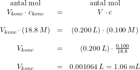 \small \begin{array}{cccccc} \textup{antal mol}&& \textup{antal mol}\\ V_{konc}\cdot c_{konc}&=&V\cdot c\\\\ V_{konc}\cdot (18.8\;M)&=&\left ( 0.200\;L \right )\cdot (0.100\;M)\\\\ V_{konc}&=&\left ( 0.200\;L \right )\cdot \frac{0.100}{18.8}\\\\ V_{konc}&=&0.001064\;L=1.06\;mL \end{array}