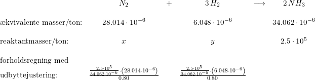 \small \begin{array}{lccccccc}&N_2&+&3\, H_2&\longrightarrow &2\, NH_3\\\\\textup{\ae kvivalente masser/ton:}&28.014\cdot 10^{-6}&&6.048\cdot 10^{-6}&&34.062\cdot 10^{-6}\\\\\textup{reaktantmasser/ton:}&x&&y&&2.5\cdot 10^5\\\\\textup{forholdsregning med}\\\textup{udbyttejustering:}&\frac{\frac{2.5\cdot 10^5}{34.062\cdot 10^{-6}}\cdot \left (28.014\cdot 10^{-6}\right) }{0.80}&&\frac{\frac{2.5\cdot 10^5}{34.062\cdot 10^{-6}}\cdot \left (6.048\cdot 10^{-6}\right) }{0.80} \end{array}
