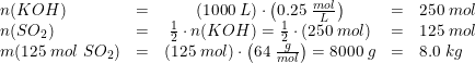 \small \begin{array}{lcccl} n(KOH)&=&\left ( 1000\; L \right )\cdot \left ( 0.25\; \tfrac{mol}{L} \right )&=&250\; mol\\ n(SO_2)&=&\tfrac{1}{2}\cdot n(KOH)=\tfrac{1}{2}\cdot \left ( 250\; mol \right )&=&125\; mol\\ m(125\; mol\; SO_2)&=&\left ( 125\; mol \right )\cdot \left ( 64\; \tfrac{g}{mol} \right )=8000\; g&=&8.0\; kg \end{array}