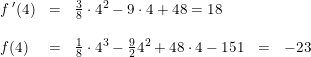 \small \begin{array}{lclclclcl} f{\, }'(4)&=& \frac{3}{8}\cdot4 ^2-9\cdot 4+48=18 \\\\ f(4)&=&\tfrac{1}{8}\cdot 4^3-\tfrac{9}{2}4^2+48\cdot 4-151&=&-23 \end{array}