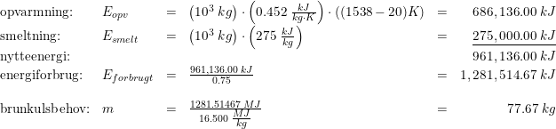 \small \begin{array}{llclcr} \textup{opvarmning:}&E_{opv}&=&\left ( 10^3\; kg \right )\cdot \left ( 0.452\; \tfrac{kJ}{kg\cdot K} \right )\cdot \left ( (1538-20)K \right )&=&686,136.00\; kJ\\ \textup{smeltning:}&E_{smelt}&=&\left ( 10^3\; kg \right )\cdot \left ( 275\; \tfrac{kJ}{kg} \right )&=&\underline{275,000.00\; kJ}\\ \textup{nytteenergi:}&&&&&961,136.00\; kJ\\ \textup{energiforbrug:}&E_{forbrugt}&=&\frac{961,136.00\; kJ}{0.75}&=&1,281,514.67\; kJ\\\\ \textup{brunkulsbehov:}&m&=&\frac{1281.51467\; MJ}{16.500\; \tfrac{MJ}{kg}}&=&77.67\; kg \end{array}