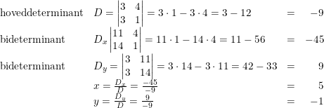 \small \begin{array}{llcr} \textup{hoveddeterminant}&D=\begin{vmatrix} 3 &4 \\ 3&1 \end{vmatrix}=3\cdot 1-3\cdot 4=3-12&=&-9\\ \textup{bideterminant}&D_x\begin{vmatrix} 11 &4 \\ 14&1 \end{vmatrix}=11\cdot 1-14\cdot 4=11-56&=&-45\\ \textup{bideterminant}&D_y=\begin{vmatrix} 3 &11 \\ 3&14 \end{vmatrix}=3\cdot 14-3\cdot 11=42-33&=&9\\ &x=\frac{D_x}{D}=\frac{-45}{-9}&=&5 \\ &y=\frac{D_y}{D}=\frac{9}{-9}&=&-1 \end{array}