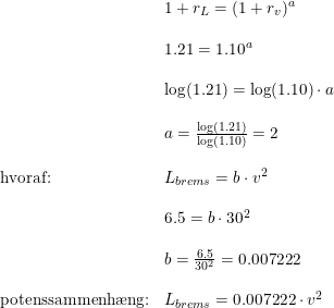 \small \begin{array}{llll} &1+r_L=(1+r_v)^a\\\\ &1.21=1.10^a\\\\ &\log(1.21)=\log(1.10)\cdot a\\\\ &a=\frac{\log(1.21)}{\log(1.10)}=2\\\\ \textup{hvoraf:}&L_{brems}=b\cdot v^2\\\\ &6.5=b\cdot 30^2\\\\ &b=\frac{6.5}{30^2}=0.007222\\\\ \textup{potenssammenh\ae ng:}&L_{brems}=0.007222\cdot v^2 \end{array}