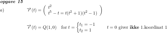 \small \begin{array}{llll} \emph{\textbf{opgave 15}}\\ a)&\overrightarrow{r}(t)=\left( \begin{array}{lll} t^2\\t^5-t=t(t^2+1)(t^2-1) \end{array}\right )\\\\ &\overrightarrow{r}(t)=Q(1,0)\quad \textup{for }t=\left\{\begin{matrix} t_1=-1\\\! \! \! \! \! t_2=1 \end{matrix}\right.&t=0\textup{ giver \textbf{ikke} 1.koordinat 1} \end{array}