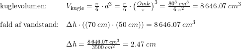 \small \begin{array}{llll} \textup{kuglevolumen:}&V_{\textup{kugle}}=\frac{\pi }{6}\cdot d^3=\frac{\pi }{6}\cdot\left ( \frac{Omk}{\pi } \right )^3=\frac{80^3\; cm^3}{6\cdot \pi ^2}=8\, 646.07\; cm^3\\\\ \textup{fald af vandstand:}&\Delta h\cdot \left ( (70\; cm) \cdot \left ( 50\; cm \right )\right )=8\, 646.07\; cm^3\\\\ &\Delta h=\frac{8\, 646.07\; cm^3}{3500\; cm^2}=2.47\; cm \end{array}