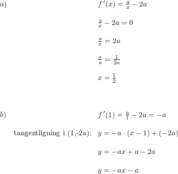\small \begin{array}{llll} a)&&f{\, }'(x)=\frac{a}{x}-2a\\\\ &&\frac{a}{x}-2a=0\\\\ &&\frac{a}{x}=2a\\\\ &&\frac{x}{a}=\frac{1}{2a}\\\\ &&x=\frac{1}{2}\\\\\\\\ b)&&f{\, }'(1)=\frac{a}{1}-2a=-a\\\\ &\textup{tangentligning i (1,-2a):}&y=-a\cdot (x-1)+(-2a)\\\\ &&y=-ax+a-2a\\\\ &&y=-ax-a \end{array}