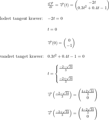 \small \begin{array}{llll}&\frac{\mathrm{d} \overrightarrow{r}}{\mathrm{d} t}=\overrightarrow{v}(t)=\begin{pmatrix} -2t\\0.3t^2+0.4t-1 \end{pmatrix}\\\\\textup{lodret tangent kr\ae ver:}&-2t=0\\\\&t=0\\\\&\overrightarrow{v}(0)=\begin{pmatrix} 0\\-1 \end{pmatrix}\\\\\textup{vandret tanget kr\ae ver:}&0.3t^2+0.4t-1=0\\\\&t=\left\{\begin{matrix} \frac{-2-\sqrt{34}}{3}\\\\\frac{-2+\sqrt{34}}{3} \end{matrix}\right.\\\\&\overrightarrow{v}\left(\frac{-2-\sqrt{34}}{3}\right)=\begin{pmatrix} \frac{4+2\sqrt{34}}{3}\\0 \end{pmatrix}\\\\&\overrightarrow{v}\left ( \frac{-2+\sqrt{34}}{3} \right )=\begin{pmatrix} \frac{4-2\sqrt{34}}{3}\\0 \end{pmatrix} \end{array}