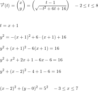 \small \begin{array}{lllll} & \overrightarrow{r}(t)=\begin{pmatrix} x\\y \end{pmatrix}=\begin{pmatrix} t-1\\ \sqrt{-t^2+6t+16} \end{pmatrix}\quad-2 \leq t\leq 8\\\\\\&t=x+1\\\\& y^2=-(x+1)^2+6\cdot (x+1)+16\\\\& y^2+(x+1)^2-6(x+1)=16\\\\& y^2+x^2+2x+1-6x-6=16\\\\& y^2 + (x-2)^2-4+1-6=16\\\\\\& (x-2)^2+(y-0)^2=5^2 \quad -3 \leq x \leq 7 \end{array}