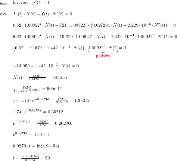 \small \begin{array}{lllll} &g_{min}&\textup{kr\ae ver:}\quad g{\, }'(t)=0\\\\ &\textup{dvs}&f{\, }'(t)\cdot N(t)-f(t)\cdot N{\, }'(t)=0\\\\ &&6.62\cdot 1.00922^{\, t}\cdot N(t)-721\cdot 1.00922^{\, t}\cdot \left ( 0.027294\cdot N(t)-2.229\cdot 10^{-6}\cdot N^2(t) \right )=0\\\\ &&6.62\cdot 1.00922^{\, t}\cdot N(t)-19.679\cdot 1.00922^{\, t}\cdot N(t)+1.442\cdot 10^{-3}\cdot 1.00922^{\, t}\cdot N^2(t)=0\\\\ &&\left (6.62-19.679+1.442\cdot 10^{-3}\cdot N(t) \right )\cdot \underset{\textbf{{\color{Red} positivt}}}{\underbrace{1.00922^{\, t}\cdot N(t)}}=0\\\\ && -13.059+1.442\cdot 10^{-3}\cdot N(t) =0\\\\ &&N(t)=\frac{13.059}{1.442\cdot 10^{-3}}=9056.17\\\\ &&\frac{12245}{1+1.74\cdot e^{-0.0273\cdot t}}=9056.17\\\\ &&1+1.74\cdot e^{-0.0273\cdot t}=\frac{12245}{9056.17}=1.35212\\\\ &&1.74\cdot e^{-0.0273\cdot t}=0.35212\\\\ && e^{-0.0273\cdot t}=\frac{0.35212}{1.74}=0.202366\\\\ && e^{0.0273\cdot t}=4.94154\\\\ &&0.0273\cdot t=\ln(4.94154)\\\\ &&t=\frac{\ln(4.94154)}{0.0273}=59\\\\ \end{array}