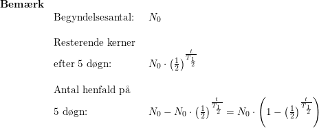 \small \begin{array}{lllll} \textbf{Bem\ae rk}\\& \textup{Begyndelsesantal:}&N_0\\\\& \textup{Resterende kerner }\\& \textup{efter 5 d\o gn:}&N_0\cdot \left ( \frac{1}{2} \right )^{\frac{t}{T_{\frac{1}{2}}}}\\\\& \textup{Antal henfald p\aa }\\& \textup{5 d\o gn:}&N_0-N_0\cdot \left ( \frac{1}{2} \right )^{\frac{t}{T_{\frac{1}{2}}}}=N_0\cdot \left ( 1- \left ( \frac{1}{2} \right )^{\frac{t}{T_{\frac{1}{2}}}}\right ) \end{array}