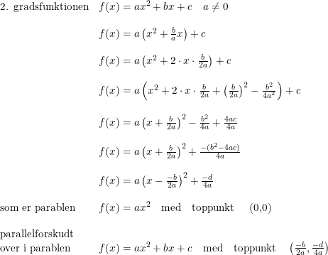 \small \begin{array}{lllll} \textup{2. gradsfunktionen}&f(x)=ax^2+bx+c\quad a\neq0\\\\ &f(x)=a\left(x^2+\frac{b}{a}x\right)+c\\\\ &f(x)=a\left ( x^2+2\cdot x\cdot \frac{b}{2a } \right )+c\\\\ &f(x)=a\left ( x^2+2\cdot x\cdot \frac{b}{2a }+\left (\frac{b}{2a} \right )^2-\frac{b^2}{4a^2} \right )+c\\\\ &f(x)=a\left ( x+\frac{b}{2a} \right )^2 -\frac{b^2}{4a}+\frac{4ac}{4a}\\\\ &f(x)=a\left ( x+\frac{b}{2a} \right )^2+\frac{-(b^2-4ac)}{4a}\\\\ &f(x)=a\left ( x-\frac{-b}{2a} \right )^2+\frac{-d}{4a}\\\\ \textup{som er parablen}&f(x)=ax^2\quad\textup{med}\quad \textup{toppunkt} \quad\textup{ (0,0)}\\\\ \textup{parallelforskudt}\\ \textup{over i parablen}&f(x)=ax^2+bx+c\quad\textup{med}\quad \textup{toppunkt}\quad \left ( \frac{-b}{2a},\frac{-d}{4a} \right ) \end{array}