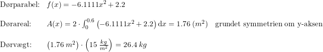 \small \begin{array}{lllll} \textup{D\o rparabel:}&f(x)=-6.1111x^2+2.2\\\\ \textup{D\o rareal:}&A(x)=2\cdot \int_{0}^{0.6}\left (-6.1111x^2+2.2 \right )\mathrm{d}x=1.76\;(m^2)&\textup{grundet symmetrien om y-aksen}\\\\ \textup{D\o rv\ae gt:}&\left ( 1.76\;m^2 \right )\cdot \left ( 15\;\frac{kg}{m^2} \right )=26.4\;kg \end{array}