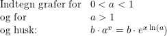\small \begin{array}{lllll} \textup{Indtegn grafer for}&0<a<1\\ \textup{og for}&a>1\\ \textup{og husk:}&b\cdot a^x=b\cdot e^{x\ln(a}) \end{array}