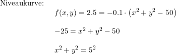 \small \begin{array}{lllll} \textup{Niveaukurve:}\\& \begin{array}{lllll} f(x,y)=2.5= -0.1\cdot \left (x^2+y^2-50 \right )\\\\ -25=x^2+y^2-50\\\\ x^2+y^2=5^2 \end{array}\end{array}