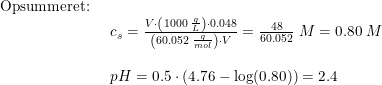 \small \begin{array}{lllll} \textup{Opsummeret:}\\& \begin{array}{lll} c_s=\frac{V\cdot \left ( 1000\;\frac{g}{L} \right )\cdot 0.048}{\left ( 60.052\;\frac{g}{mol} \right )\cdot V}=\frac{48}{60.052}\;M=0.80\;M\\\\ pH=0.5\cdot \left ( 4.76-\log(0.80) \right )=2.4 \end{array} \end{array}