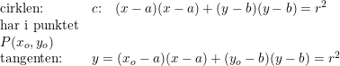 \small \begin{array}{lllll} \textup{cirklen:}&c\textup{:}\quad (x-a)(x-a)+(y-b)(y-b)=r^2\\ \textup{har i punktet}\\ P(x_o,y_o)\\ \textup{tangenten:}&y= (x_o-a)(x-a)+(y_o-b)(y-b)=r^2 \end{array}
