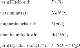 \small \begin{array}{lllll} \textup{jern(III)chlorid:}&FeCl_3\\\\ \textup{natriumnitrat:}&NaNO_3\\\\ \textup{magnesiumchlorid:}&MgCl_2\\\\ \textup{aluminiumhydroxid:}&Al(OH)_3\\\\ \textup{jern(II)sulfat-vand(1/7):}&FeSO_4*7H_2O \end{array}