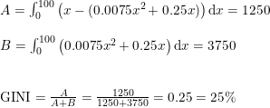 \small \begin{array}{lllll} A=\int_{0}^{100}\left ( x-(0.0075x^2+0.25x) \right )\mathrm{d}x=1250\\\\ B=\int_{0}^{100}\left ( 0.0075x^2+0.25x \right )\mathrm{d}x=3750\\\\\\ \textup{GINI}=\frac{A}{A+B}=\frac{1250}{1250+3750}=0.25=25\% \end{array}