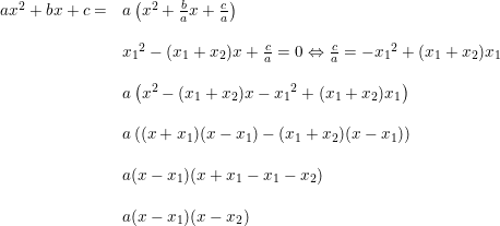 \small \begin{array}{lllll} ax^2+bx+c=&a\left ( x^2+\frac{b}{a}x+\frac{c}{a} \right )\\\\ &{x_1}^2-(x_1+x_2)x+\frac{c}{a}=0\Leftrightarrow\tfrac{c}{a}=-{x_1}^2+(x_1+x_2)x_1\\\\ &a\left ({x}^2-(x_1+x_2)x-{x_1}^2+(x_1+x_2)x_1 \right )\\\\ &a\left ( (x+x_1)(x-x_1)-(x_1+x_2)(x-x_1) \right )\\\\ &a (x-x_1)(x+x_1-x_1-x_2) \\\\ &a (x-x_1)(x-x_2) \end{array}