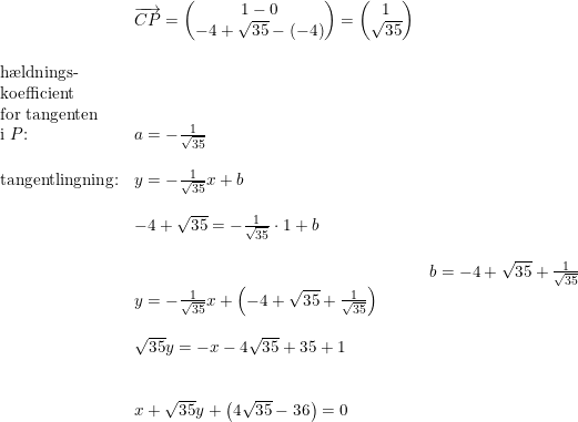 \small \begin{array}{lllll}&& \overrightarrow{CP}=\begin{pmatrix} 1-0\\-4+\sqrt{35}-(-4) \end{pmatrix}=\begin{pmatrix} 1\\\sqrt{35} \end{pmatrix}\\\\& \textup{h\ae ldnings-}\\& \textup{koefficient}\\& \textup{for tangenten}\\& \textup{i }P\textup{:}&a=-\frac{1}{\sqrt{35}}\\\\& \textup{tangentlingning:}&y=-\frac{1}{\sqrt{35}}x+b\\\\&& -4+\sqrt{35}=-\frac{1}{\sqrt{35}}\cdot 1+b\\\\&&& b=-4+\sqrt{35}+\frac{1}{\sqrt{35}}\\&& y=-\frac{1}{\sqrt{35}}x+\left (-4+\sqrt{35}+\frac{1}{\sqrt{35}} \right )\\\\&& \sqrt{35}y=-x-4\sqrt{35}+35+1\\\\\\&& x+\sqrt{35}y+\left ( 4\sqrt{35}-36 \right )=0 \end{array}