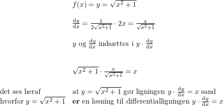 \small \begin{array}{lllll}&f(x)=y=\sqrt{x^2+1}\\\\&\frac{\mathrm{d} y}{\mathrm{d} x}=\frac{1}{2\sqrt{x^2+1}}\cdot 2x=\frac{x}{\sqrt{x^2+1}}\\\\&y\textup{ og }\frac{\mathrm{d} y}{\mathrm{d} x}\textup{ inds\ae ttes i }y\cdot \frac{\mathrm{d} y}{\mathrm{d} x}\\\\\\&\sqrt{x^2+1}\cdot \frac{x}{\sqrt{x^2+1}}=x\\\\\textup{det ses heraf}&\textup{at }y=\sqrt{x^2+1}\textup{ g\o r ligningen }y\cdot \frac{\mathrm{d} y}{\mathrm{d} x}=x\textup{ sand}\\\textup{hvorfor }y=\sqrt{x^2+1}&\textup{\textbf{er} en l\o sning til differentialligningen }y\cdot \frac{\mathrm{d} y}{\mathrm{d} x}=x \end{array}