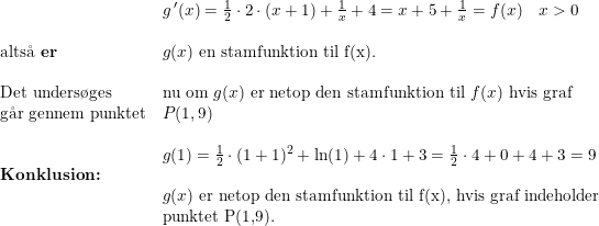 \small \begin{array}{lllll}&g{\, }'(x)=\frac{1}{2}\cdot 2\cdot (x+1)+\frac{1}{x}+4=x+5+\frac{1}{x}=f(x)\quad x>0\\\\ \textup{alts\aa \ \textbf{er}}&g(x)\textup{ en stamfunktion til f(x).}\\\\\textup{Det unders\o ges}&\textup{nu om }g(x)\textup{ er netop den stamfunktion til }f(x)\textup{ hvis graf}\\\textup{g\aa r gennem punktet}&P(1,9)\\\\&g(1)=\frac{1}{2}\cdot (1+1)^2+\ln(1)+4\cdot 1+3=\frac{1}{2}\cdot 4+0+4+3=9\\\textbf{Konklusion:}\\&g(x)\textup{ er netop den stamfunktion til f(x), hvis graf indeholder}\\&\textup{punktet P(1,9).} \end{array}
