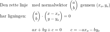 \small \begin{array}{lllll}\textup{Den rette linje}&\textup{med normalvektor }\begin{pmatrix} a\\b \end{pmatrix}\textup{ gennem }(x_o,y_o)\\ \textup{har ligningen:}&\begin{pmatrix} a\\b \end{pmatrix}\cdot \begin{pmatrix} x-x_o\\y-y_o \end{pmatrix}=0\\\\& ax+by+c=0\qquad c = -ax_o-by_o \end{array}
