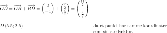 \small \begin{array}{llllll} &\overrightarrow{OD}=\overrightarrow{OB}+\overrightarrow{BD}=\begin{pmatrix} 2\\-1 \end{pmatrix}+\begin{pmatrix} \frac{7}{2}\\ \frac{7}{2} \end{pmatrix}=\begin{pmatrix} \frac{11}{2}\\\\\frac{5}{2} \end{pmatrix}\\\\ &D\left ( 5.5;2.5 \right )&\textup{da et punkt har samme koordinater }\\&&\textup{som sin stedvektor.} \end{array}