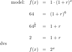 \small \begin{array}{llllll} &\textup{model:}&f(x)&=&1\cdot (1+r)^{x}\\\\ &&64&=&(1+r)^6\\\\ &&64^{\frac{1}{6}}&=&1+r\\\\ &&2&=&1+r\\ \textup{dvs}\\ &&f(x)&=&2^x \end{array}