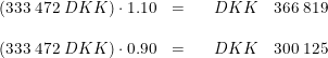 \small \begin{array}{llllll} \left (333\;472\;DKK \right )\cdot 1.10&=&&DKK& 366\;819\\\\ \left (333\;472\;DKK \right )\cdot 0.90&=&&DKK&300\;125 \end{array}
