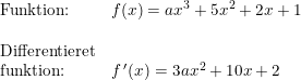 \small \begin{array}{llllll} \textup{Funktion:}&f(x)=ax^3+5x^2+2x+1\\\\ \textup{Differentieret}\\ \textup{funktion:}&f{\, }'(x)=3ax^2+10x+2 \end{array}