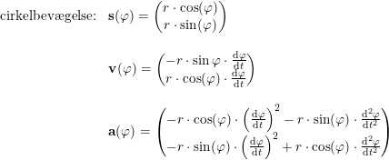 \small \begin{array}{llllll} \textup{cirkelbev\ae gelse:}&\mathbf{s}(\varphi )=\begin{pmatrix} r\cdot\cos(\varphi ) \\ r\cdot \sin(\varphi ) \end{pmatrix}\\\\&\mathbf{v}(\varphi)=\begin{pmatrix} -r\cdot \sin{\varphi}\cdot \frac{\mathrm{d} \varphi}{\mathrm{d} t}\\ r\cdot \cos(\varphi)\cdot \frac{\mathrm{d} \varphi}{\mathrm{d} t} \end{pmatrix}\\\\&\mathbf{a}(\varphi)=\begin{pmatrix} -r\cdot \cos(\varphi)\cdot \left (\frac{\mathrm{d} \varphi}{\mathrm{d} t}\right)^2-r\cdot \sin(\varphi)\cdot \frac{\mathrm{d}^2\varphi }{\mathrm{d} t^2}\\ -r\cdot \sin(\varphi)\cdot \left (\frac{\mathrm{d} \varphi}{\mathrm{d} t}\right)^2+r\cdot \cos(\varphi)\cdot \frac{\mathrm{d} ^2 \varphi}{\mathrm{d} t^2} \end{pmatrix} \end{array}