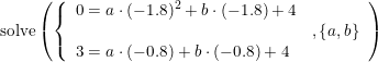 \small \begin{array}{llllll} \textup{solve}\left ( \left\{\begin{array}{lll}0=a\cdot (-1.8)^2+b\cdot (-1.8)+4\\&,\{a,b\}\\3=a\cdot (-0.8)+b\cdot (-0.8)+4 \end{array}\right. \right ) \end{array}