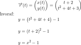 \small \begin{array}{llllll}& \overrightarrow{r}(t)=\begin{pmatrix} x(t)\\y(t) \end{pmatrix}=\begin{pmatrix} t+2\\ t^2+4t+3 \end{pmatrix}\\ \textup{hvoraf:}\\&y=\left (t^2+4t+4 \right )-1\\\\&y=\left ( t+2 \right )^2-1\\\\& y=x^2-1 \end{array}