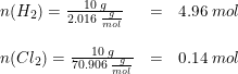 \small \begin{array}{llllll}& n(H_2)=\frac{10\; g}{2.016\;\frac{g}{mol}}&=&4.96\;mol\\\\& n(Cl_2)=\frac{10\; g}{70.906\;\frac{g}{mol}}&=&0.14\;mol \end{array}