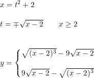 \small \begin{array}{llllll}& x=t^2+2\\\\& t=\mp\sqrt{x-2}\qquad x\geq 2\\\\\\& y=\left\{\begin{matrix} \sqrt{(x-2)^3}-9\sqrt{x-2}\\\\ 9\sqrt{x-2}-\sqrt{(x-2)^3} \end{matrix}\right. \end{array}