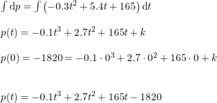 \small \begin{array}{llllll}&& \int \mathrm{d}p=\int \left ( -0.3t^2+5.4t+165 \right )\mathrm{d}t\\\\&& p(t)=-0.1t^3+2.7t^2+165t+k\\\\&& p(0)=-1820=-0.1\cdot 0^3+2.7\cdot 0^2+165\cdot 0+k\\\\\\&& p(t)=-0.1t^3+2.7t^2+165t-1820 \end{array}
